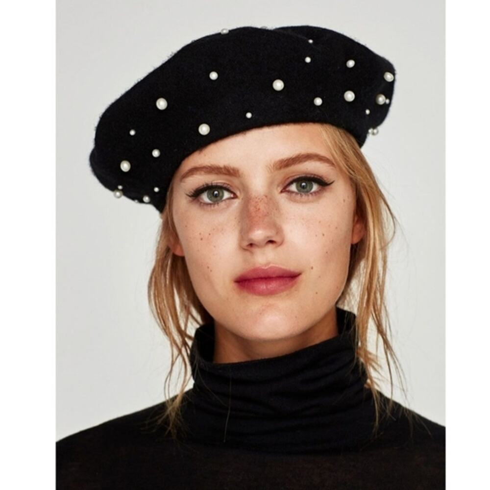 Zara Black Wool Beret with Faux Pearl Embellishments Womens Small/Medium Hat